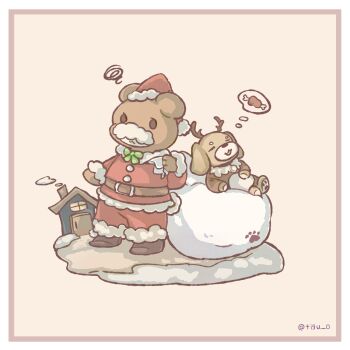 Rule 34 | animal, animal focus, bear, boned meat, border, bow, bowtie, brown shoes, chigu, christmas, closed eyes, closed mouth, commentary request, dog, food, fur-trimmed headwear, fur-trimmed jacket, fur-trimmed pants, fur-trimmed sleeves, fur trim, green bow, green bowtie, hat, highres, house, jacket, long sleeves, lying, meat, no humans, on back, open mouth, original, outdoors, pants, red hat, red jacket, red pants, sack, santa costume, santa hat, shoes, simple background, sleeping, speech bubble, spoken food, squiggle, thought bubble, twitter username, white border