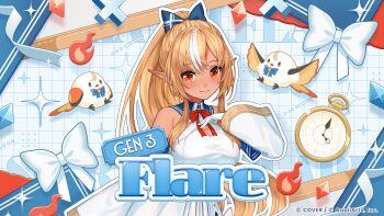 Rule 34 | 1girl, absurdres, blonde hair, blue bow, blue collar, blush, bow, breasts, character name, closed mouth, collar, commentary request, company name, compass, copyright notice, dark-skinned female, dark skin, detached collar, detached sleeves, dress, elf, elfriend (shiranui flare), fire, gloves, hair between eyes, hair bow, highres, hololive, hololive dreams, long sleeves, looking at viewer, multicolored hair, official art, outline, pointy ears, ponytail, red eyes, shiranui flare, shiranui flare (1st costume), sleeves past wrists, smile, solo, sparkle, streaked hair, two-tone hair, virtual youtuber, white bow, white dress, white gloves, white hair, white outline, white sleeves