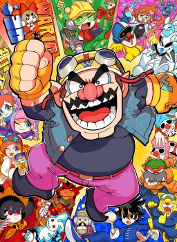 13-amp 18-volt 5-volt 9-volt absurdres ana_(warioware) ashley_(warioware) big_nose blue_vest bow dancho_no_mori dr._crygor dribble_(warioware) everyone facial_hair fingerless_gloves food fronk gloves hair_bow helmet highres jimmy_t kat_(warioware) lulu_(warioware) master_mantis mike_(warioware) mona_(warioware) mustache nintendo open_clothes open_mouth open_vest orbulon pants penny_crygor pink_pants pointy_shoes red_(warioware) round_eyewear shoes spitz steamed_bun stuffed_animal stuffed_rabbit stuffed_toy sunglasses vest wario warioware yellow_gloves young_cricket