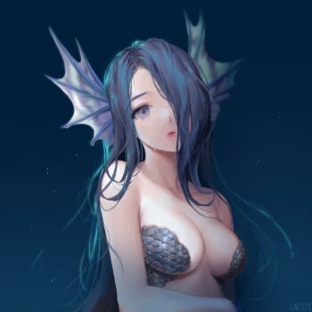1girl blue_hair breasts caesty fins grey_eyes hair_over_one_eye head_fins head_tilt long_hair looking_at_viewer medium_breasts mermaid monster_girl one_eye_covered original parted_lips scales upper_body