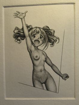 1girl :o arm_at_side arm_up armpits breasts choppy_bangs commentary_request completely_nude cropped_legs engraving_(medium) floating_hair highres idolmaster medium_hair mo_engraving monochrome navel nipples nude open_mouth photo_(medium) sidelocks small_breasts solo stomach takatsuki_yayoi traditional_media twintails waving wavy_hair