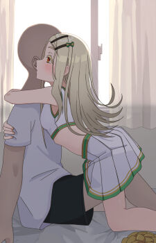 1boy 1girl alternate_costume black_shorts blonde_hair blush bow breasts cheerleader commentary_request crop_top feet_out_of_frame gakuen_idolmaster hair_bow hair_ornament hairclip highres hug idolmaster indoors kneeling long_hair looking_ahead midriff on_bed parallel_hairclips pleated_skirt pom_pom_(cheerleading) red_eyes shinosawa_hiro shirt shorts sidelocks sitting skirt sleeveless sleeveless_shirt small_breasts t-shirt white_shirt white_skirt window yellow_bow yui081