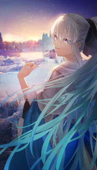 00kashian00 1girl absurdres blue_dress blue_eyes capelet commentary cowboy_shot dress fate/grand_order fate_(series) from_behind hair_ribbon highres lake looking_back morgan_le_fay_(fate) ponytail ribbon sidelocks signature sky snowflakes solo white_capelet white_hair