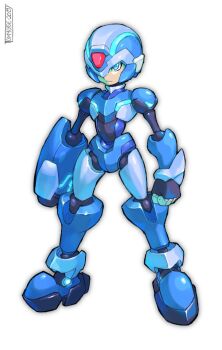1boy 2019 android arm_cannon armor artist_name blue_armor blue_eyes blue_helmet clenched_hand commentary english_commentary forehead_jewel full_body helmet highres joints legs_apart male_focus mega_man_(series) mega_man_x_(series) mega_man_zero_(series) nakayama_tooru_(style) official_alternate_design robot_joints signature simple_background solo standing teppen tomycase weapon white_background x_(mega_man)