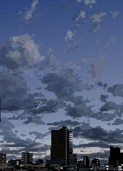 blue_sky city cloud cloudy_sky commentary_request evening highres hisachan55cute no_humans original outdoors pixel_art scenery sky
