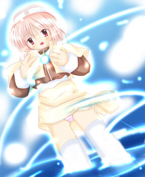 1girl acolyte_(ragnarok_online) beretta_de_camera blue_background blush brown_shirt capelet commentary_request cowboy_shot hat koba-p long_sleeves looking_at_viewer magic open_mouth panties pantyshot pink_eyes pink_hair pink_panties ragnarok_online sash shirt short_hair skirt smile solo thighhighs underwear white_hat white_sash white_thighhighs yellow_capelet yellow_skirt