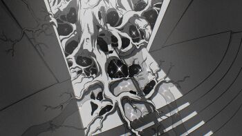 1other chromatic_aberration commentary_request doorway film_grain from_above greyscale highres long_shadow monochrome original plant_roots shadow sky sparkle stairs standing star_(sky) starry_sky ura_green_san wide_shot