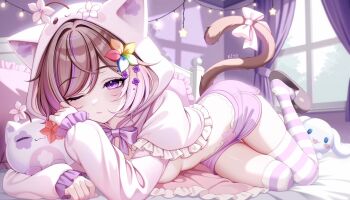 1girl animal_ears bow breasts brown_hair cat_ears cat_girl cat_tail closed_mouth commission flower hair_flower hair_ornament highres hood hoodie indie_virtual_youtuber indoors kiyochii long_sleeves looking_at_viewer lying medium_breasts medium_hair multicolored_hair neko_ella no_bra on_stomach one_eye_closed purple_eyes purple_shorts purple_theme revision short_shorts shorts slippers solo streaked_hair striped_clothes striped_thighhighs tail tail_bow tail_ornament tail_raised thighhighs thighs virtual_youtuber white_hoodie