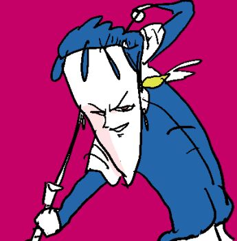 Rule 34 | 1boy, ass, bare shoulders, big head, blue shirt, bow, closed mouth, commentary request, forehead, grin, holding, holding sword, holding weapon, looking at viewer, lowres, male focus, original, red background, red eyes, red theme, shirt, sketch, smile, standing, sword, vanila ice ice, weapon