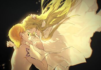 1boy 1other androgynous black_background blonde_hair chinese_commentary commentary_request enkidu_(fate) fate/grand_order fate_(series) floating_hair gilgamesh gilgamesh_(caster)_(fate) gilgamesh_(fate) green_hair highres long_hair open_mouth other_with_male profile robe sili5291 tattoo topless_male white_robe