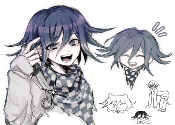 1boy arisa_(oa_0621_x) arm_belt buttons checkered_clothes checkered_scarf closed_eyes danganronpa_(series) danganronpa_v3:_killing_harmony doodles flipped_hair highres laughing long_sleeves looking_at_viewer male_focus meme monochrome oma_kokichi open_mouth pointing_at_forehead purple_eyes purple_hair scarf short_hair sketch smile sparkle straitjacket tbh_creature_(meme) teeth two-tone_scarf white_background