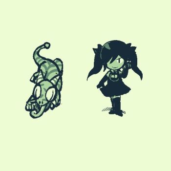 1girl animal backbeako_(torotei) backbeard closed_mouth commentary_request dress elbow_gloves full_body gegege_no_kitarou gloves green_background hair_over_one_eye hair_ribbon horns komodo_dragon long_hair long_tongue looking_at_viewer monochrome original paw_pose ribbon sleeveless sleeveless_dress slit_pupils smile standing tail thighhighs tongue torotei twintails