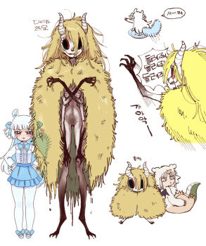 3girls animal_ears anoko_(chiikawa) batrobin_k black_eyes blonde_hair blue_eyes blue_skirt chiikawa claws cloak colored_extremities colored_sclera dekatsuyo_(chiikawa) emaciated extra_arms full_body fur_cloak horns korean_text long_hair messy_hair momonga_(chiikawa) monster_girl multiple_girls multiple_views personification red_sclera running sharp_teeth simple_background skirt squirrel_ears squirrel_girl squirrel_tail tail teeth translation_request white_background