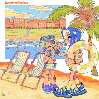 1boy 1girl bakori514_(h_akka) bandaid bandaid_on_leg beach_chair blue-framed_eyewear blue_footwear blue_hair bracelet chair clenched_hands collage colored_tips commission criss-cross_halter crocs eating eyewear_on_head flat_chest food furrowed_brow green_skirt grey_hair half-closed_eyes halterneck hand_up highres holding holding_food holding_swim_ring inkling_girl inkling_player_character innertube jewelry looking_ahead looking_at_another medium_hair miniskirt multicolored_footwear multicolored_hair nintendo octoling_boy octoling_player_character palm_tree pointy_ears popsicle purple_footwear purple_hair red_eyes sandals seashell shell short_hair short_sleeves shorts shutter_shades skirt skort socks spaghetti_strap splatoon_(series) splatoon_3 standing striped_clothes striped_socks sweatdrop swim_ring tree vertical-striped_clothes vertical-striped_socks walking wide_shot yellow_eyes yellow_socks
