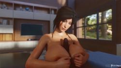1boy 1girl 3d animated breasts breasts_squeezed_together brown_eyes brown_hair dark-skinned_male dark_skin day hetero highres huge_breasts indoors interracial lara_croft living_room moaning nipples nude one_eye_closed paizuri penis ponytail sound tomb_raider tongue tongue_out uncensored video whiteketchups wink