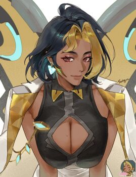 Rule 34 | 1girl, absurdres, baekryang, black hair, blonde hair, breasts, cleavage, cleavage cutout, clothing cutout, coat, coat on shoulders, dark-skinned female, dark skin, domina (overwatch), earrings, highres, jewelry, large breasts, looking at viewer, multicolored hair, overwatch, short hair, solo, two-tone hair, white coat
