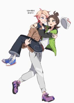 1boy 1girl ahoge arms_around_neck bell-bottoms belt blonde_hair blue_eyes blue_shirt blush breasts brown_eyes brown_hair brown_jacket carrying carrying_person go_mi_111 green_jacket grey_pants grin harmony_(pokemon) hat highres jacket long_sleeves looking_at_another nintendo open_clothes open_jacket open_mouth pants pokemon pokemon_legends:_z-a princess_carry ribbed_socks shirt shoes short_hair smile socks striped_hat teeth unworn_headwear urbain_(pokemon) white_hat white_shirt
