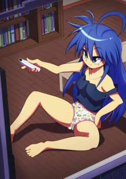 1girl :3 ahoge antenna_hair armpits barefoot bed bedroom blue_camisole blue_hair bookshelf camisole clenched_hands unworn_clothes collared_shirt controller euf-dreamer feet female_focus flat_chest full_body game_console game_controller gluteal_fold green_eyes hair_between_eyes highres holding holding_remote_control indoors izumi_konata legs long_hair lucky_star mole mole_under_eye neck off_shoulder otaku panties petite print_panties remote_control shiny_skin shirt sidelocks sitting spread_legs thighs toes underwear underwear_only very_long_hair watching_television wii wii_remote yellow_panties