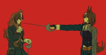 2girls absurdres aiguillette animal_ears ascot asymmetrical_jacket belt black_gloves breasts brown_belt brown_hair buttons closed_mouth double-breasted ear_ornament earrings eye_contact fingerless_gloves geumog840523 gloves green_jacket green_pants green_skirt grey_shirt hair_between_eyes highres holding holding_sword holding_weapon horse_ears horse_girl horse_tail jacket jewelry long_hair long_sleeves looking_at_another medal midriff_peek multicolored_hair multiple_girls pants pendant_choker red_background shirt simple_background single_earring sirius_symboli_(feroce)_(umamusume) sirius_symboli_(umamusume) skirt streaked_hair sword symboli_rudolf_(emperor&#039;s_path)_(umamusume) symboli_rudolf_(umamusume) tail umamusume very_long_hair weapon white_ascot white_gloves white_hair