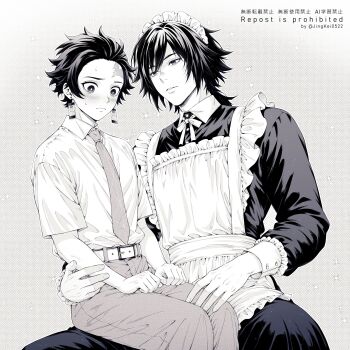 Rule 34 | 2boys, absurdres, alternate costume, apron, belt, blush, buttons, closed mouth, collared dress, collared shirt, commentary request, crossdressing, crossdressing (mtf), dress, earrings, embarrassed, enmaided, hanafuda earrings, highres, jewelry, jingkei0522, kamado tanjirou, kimetsu gakuen, kimetsu no yaiba, long hair, looking at another, maid, maid apron, maid headdress, male focus, male maid, multiple boys, necktie, pants, parted lips, polka dot, polka dot background, scar, scar on face, scar on forehead, school uniform, shirt, short hair, sitting, sitting on leg, size difference, teeth, tomioka giyuu, watermark, yaoi