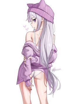 1girl arms_behind_back ass bare_shoulders bra cardigan commentary elf emilia_(re:zero) english_commentary feet_out_of_frame from_behind grey_hair hat hat_with_ears heart highres holding_own_arm long_hair long_sleeves looking_at_viewer looking_back low-tied_long_hair off_shoulder paid_reward_available panties parted_lips pink_cardigan pink_hat pointy_ears purple_eyes re:zero_kara_hajimeru_isekai_seikatsu sideways_mouth signature simple_background sleeves_past_wrists solo standing underwear very_long_hair waligner white_background white_bra white_panties