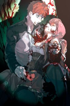 1boy 1girl artist_request black_eyes black_jacket bleeding blood blood_from_mouth blood_on_clothes blood_on_face blood_on_hands blood_stain blue_pants blurry brown_vest commentary commission couple depth_of_field dutch_angle emiya_shirou eye_contact fate/stay_night fate_(series) gaoyue_jixiang gold_trim hair_ornament hair_ribbon hetero highres hug jacket light_blush long_hair long_sleeves looking_at_another male_focus momomiya_shizuku_(gaoyue_jixiang) nosebleed oc_x_canon open_mouth orange_hair original pants parted_lips pastels pink_eyes pink_hair puffy_long_sleeves puffy_sleeves raglan_sleeves red_skirt ribbon second-party_source shirt skirt smile striped_clothes striped_skirt twintails vertical-striped_clothes vertical-striped_skirt vest watermark weibo_watermark white_background white_ribbon white_shirt wind_chime yellow_eyes