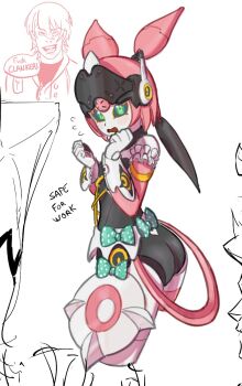 Rule 34 | 1boy, 1girl, aria (zenless zone zero), ass, blush, bow, commentary, crazylemon art, embarrassed, english commentary, english text, green bow, green eyes, highres, humanoid robot, joints, mechanical arms, mechanical ears, mechanical hair, mechanical legs, metal hair, metal skin, open mouth, polka dot, polka dot bow, robot, robot ears, robot girl, robot joints, simple background, sketch, speech bubble, upper body, white background, wise (zenless zone zero), zenless zone zero