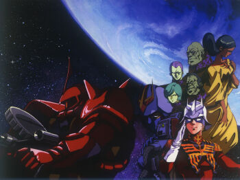 Rule 34 | 1980s (style), 1990s (style), 2girls, 5boys, cable, char aznable, degwin sodo zabi, dozle zabi, earth (planet), eye mask, garma zabi, gihren zabi, glasses, gloves, gun, gundam, helmet, kycilia zabi, lalah sune, looking at viewer, machine gun, mask, mecha, mikimoto haruhiko, military uniform, mobile suit, mobile suit gundam, mouth mask, multiple boys, multiple girls, oldschool, one-eyed, pilot, pilot chair, planet, promotional art, retro artstyle, robot, salute, scan, science fiction, shoulder spikes, space, spikes, traditional media, weapon, zaku ii s char custom, zeon