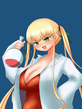 1girl :d alternate_breast_size_(larger) alternate_costume blonde_hair blue_background blush breast_expansion breasts cleavage coat commentary_request dress green_eyes green_ribbon hair_ribbon highres itini-sanshi lab_coat large_breasts long_hair long_sleeves open_clothes open_coat open_mouth potion red_dress ribbon rozen_maiden shinku sidelocks simple_background smile smug solo textless_version twintails upper_body variant_set very_long_hair