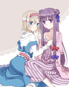 Rule 34 | 2girls, alice margatroid, blonde hair, blue dress, blue eyes, blush, bow, breasts, cleavage, closed mouth, collarbone, commentary request, double bun, double strap slip, dress, eye contact, frilled dress, frilled hairband, frills, hair bow, hair bun, hairband, hand on another's cheek, hand on another's face, lolita hairband, long hair, long sleeves, looking at another, multiple girls, no headwear, patchouli knowledge, pink hairband, pink sash, pink shrug, purple bow, purple dress, purple eyes, purple hair, red bow, sash, shirt, short hair, shrug (clothing), sitting, smile, strap slip, strapless, strapless dress, striped clothes, striped dress, touhou, tsuno no hito, vertical-striped clothes, vertical-striped dress, very long hair, waist sash, white shirt, yuri