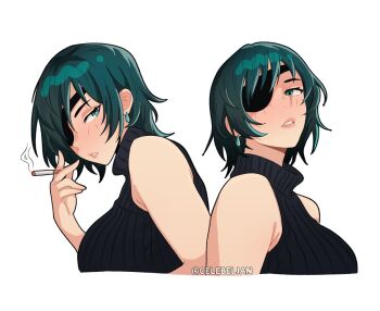 1girl armpit_crease artist_name bare_shoulders black_sweater breasts celebelian chainsaw_man choppy_bangs cigarette commentary cropped_torso earrings english_commentary eyepatch green_eyes green_hair hand_up himeno_(chainsaw_man) holding holding_cigarette jewelry large_breasts looking_at_viewer multiple_views parted_lips ribbed_sweater short_hair simple_background sleeveless sleeveless_sweater sleeveless_turtleneck smoke smoking sweater teardrop_earrings turtleneck turtleneck_sweater white_background