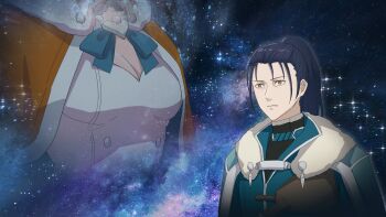 1boy 1girl absurdres annette_fantine_dominic blue_cape blue_hair breast_focus breasts cape capelet cleavage felix_hugo_fraldarius fire_emblem fire_emblem:_three_houses fire_emblem_warriors:_three_hopes furo_atsushi highres long_hair nintendo official_alternate_costume official_alternate_hairstyle orange_capelet outdoors ponytail sky small_breasts star_(sky) starry_sky upper_body wide-eyed