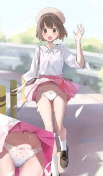 1girl absurdres arm_at_side bag beret black_shoes blush bob_cut bow bow_panties brown_hair cameltoe clothes_lift collared_shirt commission crotch_seam day hand_up handbag hat highres loafers long_sleeves looking_at_viewer multiple_views navel open_mouth original outdoors panties pantyshot pink_skirt polka_dot polka_dot_panties shadow shaka_(user_fmwh2232) shirt shirt_tucked_in shoes short_hair skirt skirt_lift smile socks underwear variant_set walking waving white_panties white_shirt white_socks wind wind_lift yellow_hat