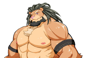 1boy abs animal_ears arsalan_(housamo) artist_request bara chest_tuft furry furry_male highres large_pectorals lion_boy lion_ears looking_at_viewer male_focus mature_male medium_hair muscular muscular_male nipples nude pectorals smile solo strongman_waist thick_eyebrows tokyo_houkago_summoners upper_body