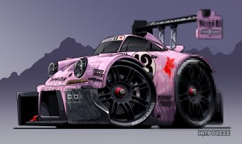 Rule 34 | artist name, car, censored, chibi, commentary, english commentary, fake censor, from side, hoonigan, mobil1, mosaic censoring, motor vehicle, mountain, nitrouzzz, no humans, original, pink car, porsche, porsche svrsr, spoiler (automobile), sponsor, sports car, vehicle focus