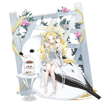 1girl absurdres animal_ears bare_shoulders blonde_hair blue_archive closed_mouth commentary_request dress fox_ears fox_girl halo high_heels highres long_hair long_sleeves looking_at_viewer rosu_1109 sample_watermark seia_(blue_archive) shoes simple_background sitting smile solo very_long_hair watermark white_background white_dress white_shoes