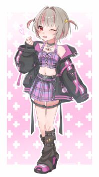 1girl ;3 arm_belt bat_necklace belt belt_buckle black_arm_warmers black_belt black_collar black_jacket black_leg_warmers black_straps blunt_bangs blush border buckle chain chain_necklace clothes_writing collar collarbone colored_inner_hair commentary_request crop_top cross-laced_clothes cross-laced_top fang finger_heart food_print fruit_print full_body gradient_background grey_hair hair_intakes hair_ornament hand_up heart highres jacket jewelry leg_belt leg_warmers lightning_bolt_print looking_at_viewer loose_belt makaino_ririmu makaino_ririmu_(6th_costume) mamemoyasi532 midriff miniskirt multicolored_hair multicolored_hair_bobbles multiple_belts navel necklace nijisanji no_headwear o-ring o-ring_collar o-ring_thigh_strap one_eye_closed open_clothes open_jacket open_mouth pendant pink_background pink_belt pink_hair pink_jacket pink_shoes pink_skirt pink_streaks plaid_clothes plaid_skirt pleated_skirt pocket red_eyes shoes short_hair skin_fang skirt sleeves_past_fingers sleeves_past_wrists solo spiked_collar spikes standing star_(symbol) star_hair_ornament strawberry_print streaked_hair studded_belt thigh_strap twitter_username two-sided_fabric two-sided_jacket two-tone_hair two_side_up unbuttoned unzipped virtual_youtuber white_border wolf_cut zipper_top