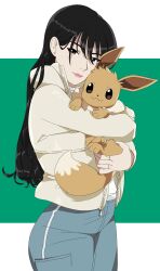 Rule 34 | 1girl, black hair, brown eyes, brown fur, closed mouth, creatures (company), eevee, freckles, game freak, gen 1 pokemon, green background, highres, holding, holding pokemon, jacket, long hair, looking at viewer, nintendo, original, pink lips, pokemon, pokemon (creature), r3dfive, simple background, smile, solo, standing, tail, two-tone background, white background, white jacket