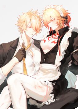 2boys absurdres adjusting_clothes adjusting_necktie apron black_bow black_dress black_jacket black_pants blonde_hair blush bow braid chest_tattoo chinese_commentary collared_shirt commentary_request crossdressing crossdressing_(mtf) dress facial_tattoo fuyunlark15430 gradient_hair highres honkai:_star_rail honkai_(series) jacket jacket_on_shoulders large_pectorals maid maid_apron maid_headdress male_focus male_maid medium_hair multicolored_hair multiple_boys mydei_(honkai:_star_rail) necktie pants pectoral_cleavage pectorals phainon_(honkai:_star_rail) phainon_(khaslana)_(honkai:_star_rail) red_hair red_tattoo shirt short_hair side_braid sitting sitting_on_lap sitting_on_person spiked_hair tattoo thighhighs white_shirt white_thighhighs yaoi yellow_eyes