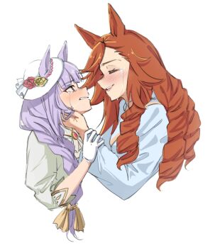 2girls aikoiito animal_ears ascot blue_shirt blunt_bangs blush braid brown_hair cropped_shoulders crying ears_through_headwear green_shirt hair_over_one_eye hair_over_shoulder hat horse_ears horse_girl long_hair long_sleeves looking_at_another moonlight_lunacy_(umamusume) multiple_girls parted_lips purple_hair red_eyes shirt single_braid smile tears toni_bianca_(umamusume) umamusume umamusume:_cinderella_gray white_ascot white_hat yuri