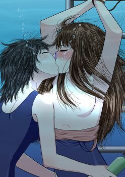 2girls absurdres air_bubble black_hair blue_one-piece_swimsuit blush bound bound_wrists breasts brown_hair bubble closed_eyes clothes_pull commentary_request highres long_hair medium_breasts multiple_girls no_nipples one-piece_swimsuit one-piece_swimsuit_pull original ryuusa school_swimsuit short_hair swimsuit underwater yuri