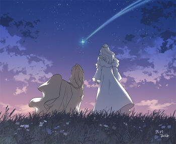 1girl argos_(ff14) artist_name braid byuub capelet cloud dated dog facing_away final_fantasy final_fantasy_xiv from_behind gradient_sky grass half_up_braid long_hair outdoors robe scenery shooting_star signature sky standing star_(sky) starry_sky sunset venat_(ff14) white_capelet white_hair white_robe wide_shot