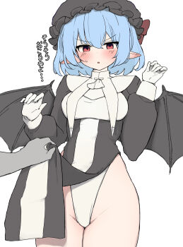 1girl 1other absurdres alternate_costume bat_wings black_dress blue_hair blush breasts clothes_lift commentary_request dress ear_blush ei_tantan gloves groin hat highres leotard long_sleeves medium_hair mob_cap pelvic_curtain pointy_ears red_eyes remilia_scarlet small_breasts solo thighs touhou translation_request two-tone_dress vampire white_background white_dress white_gloves white_leotard wings
