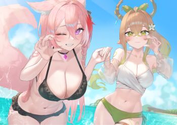 2girls animal_ear_fluff animal_ears bikini black_bikini black_choker breasts brown_hair character_request choker cleavage commission flower gradient_hair green_eyes green_hair hair_between_eyes hair_flower hair_ornament highres horns indie_virtual_youtuber leaning_forward multicolored_hair multiple_girls navel one_eye_closed pink_hair purple_eyes red_hair rena_fenrir rushian skeb_commission swimsuit tail thigh_strap virtual_youtuber white_flower wolf_ears wolf_girl