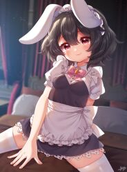 Rule 34 | 1girl, :3, alternate costume, animal ears, apron, bed, black dress, black hair, blush, bow, bowtie, breasts, buttons, carrot pin, closed mouth, commentary request, cowboy shot, dress, enmaided, floppy ears, frilled apron, frills, hair between eyes, highres, inaba tewi, indoors, lace, lace-trimmed dress, lace trim, looking at viewer, maid, maid headdress, medium bangs, on bed, paid reward available, pillow, pink bow, pink bowtie, rabbit ears, rabbit girl, red eyes, see-through, see-through legwear, shirt, short dress, short hair, signature, small breasts, smile, solo, strapless, strapless dress, thighhighs, touhou, waist apron, white apron, white shirt, white thighhighs, yufukiri