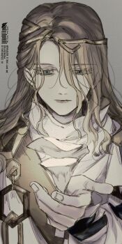 Rule 34 | 1boy, 6 (reverse:1999), ancient greek clothes, blonde hair, blue eyes, circlet, closed mouth, facing viewer, greco-roman clothes, grey background, gyujik qzc, half-closed eyes, hand up, highres, himation, long hair, looking at hand, looking down, male focus, reverse:1999, upper body