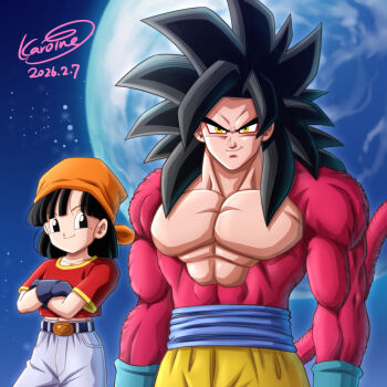 Rule 34 | 1boy, black hair, blue sash, body fur, commentary request, dougi, dragon ball, dragon ball gt, highres, karoine, long hair, looking at viewer, monkey boy, monkey tail, muscular, muscular male, no nipples, pan (dragon ball), pants, pectorals, red fur, saiyan, sash, son goku, spiked hair, super saiyan, super saiyan 4, tail, yellow pants
