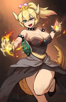 1girl :d armlet bare_shoulders black_dress blonde_hair blue_eyes borrowed_character bowsette bracelet breasts brooch claws cleavage collar commentary crown dress english_commentary eyes_visible_through_hair fangs female_focus fire flaming_hand hair_between_eyes horns jewelry large_breasts long_hair mario_(series) maritan_(pixelmaritan) monster_girl nintendo open_mouth ponytail pyrokinesis smile solo spiked_armlet spiked_bracelet spiked_collar spiked_tail spikes super_crown tail teeth turtle_shell v-shaped_eyebrows