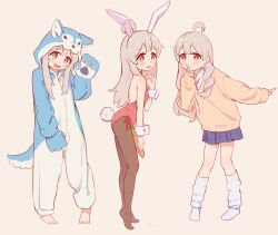 Rule 34 | 1girl, :d, ahoge, animal costume, animal ear hairband, animal ears, animal hands, bare arms, bare legs, barefoot, black pantyhose, blue skirt, carrot, chinese commentary, commentary request, fake animal ears, full body, gloves, grey hair, gyaru, hairband, highres, index finger raised, kneehighs, kogal, leotard, light blush, long hair, long sleeves, loose socks, miniskirt, multicolored hair, multiple views, no shoes, onesie, onii-chan wa oshimai!, open mouth, oyama mahiro, pantyhose, paw gloves, paw pose, pink hair, playboy bunny, rabbit ears, rabbit tail, simple background, skirt, smile, socks, sweater, tail, two-tone hair, white socks, wolf costume, wrist cuffs, yellow eyes, yellow sweater, ziyan yi