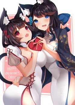 2girls absurdres alternate_costume animal_ears azur_lane black_tail blue_eyes blue_flower box breast_press breasts cat_ears cat_girl cat_tail china_dress chinese_clothes cloud_print commentary_request dress fang floral_print flower fusou_(azur_lane) fusou_(the_celebration_of_spring)_(azur_lane) hair_flower hair_ornament happy_valentine heart-shaped_box highres holding holding_box large_breasts leaning_forward multiple_girls official_alternate_costume open_mouth puffy_short_sleeves puffy_sleeves red_eyes red_flower short_sleeves siblings simple_background sisters skin_fang symmetrical_docking tail white_background yamaha_tsui yamashiro_(azur_lane)